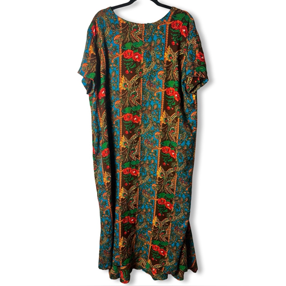 Vtg‎ 70s Handmade Paisley Floral Mermaid Ruffle Maxi Dress Jewel Tone Plus Size